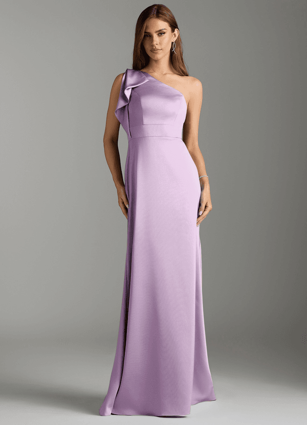 Azazie Rinna Bridesmaid Dresses Frosted Lilac Mermaid Ruched Stretch Satin Dress image1