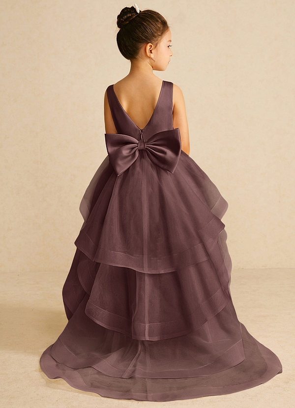 Azazie Pumpkin 플라워 걸 드레스 A라인 절하다 얇실버 명주 그물 발목 길이 드레스 image1