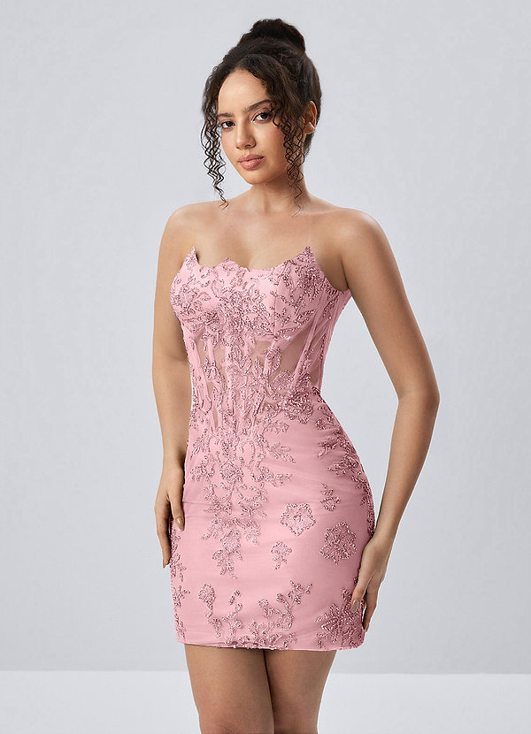 Yafrein Rosa Minivestido corsé estampado con lentejuelas y pedrería y tul image1
