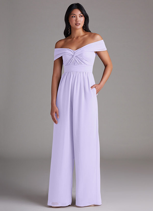Azazie Lamara Robes Demoiselle d'honneur Combinaison Convertible en Mousseline de soie Épaule décolletée Lilas image1