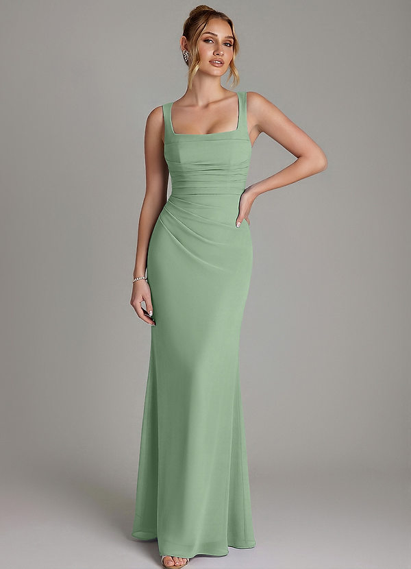 Azazie Agustina Vestidos de dama de honor Vestido Matcha de Gasa de Corte Sirena con Corsé image1