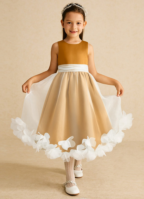 Azazie Stardust Blumenkinder Kleider A-Linie ärmellos Organza Kleid Butterscotch image1