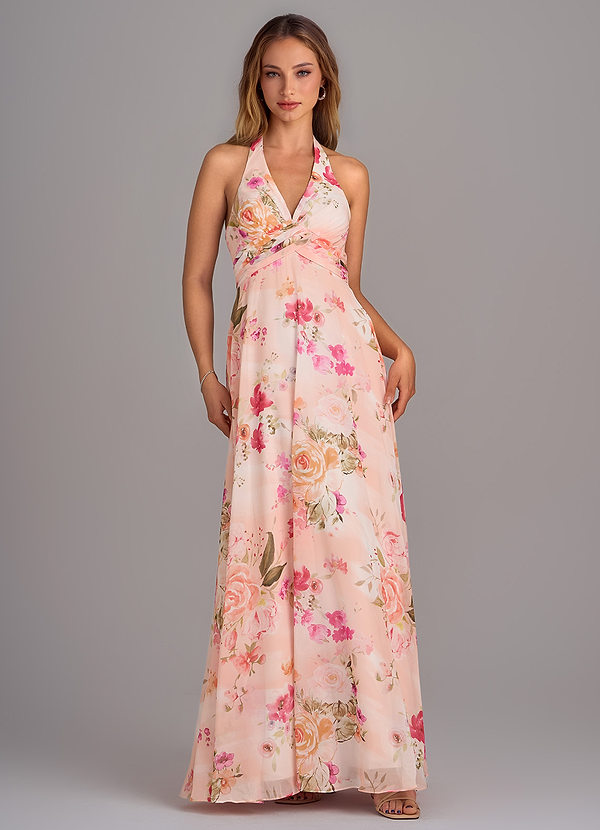 Azazie Tessie Bridesmaid Dresses Abstract Bouquet Floral A-Line V-Neck Pleated Chiffon Dress image1