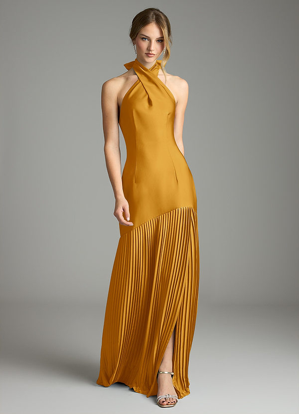 Azazie Nayeli Bruidsmeisjes Jurken Jurk van Stretch Satijn met A-Lijn Geplooid Boterbabbelaar image1