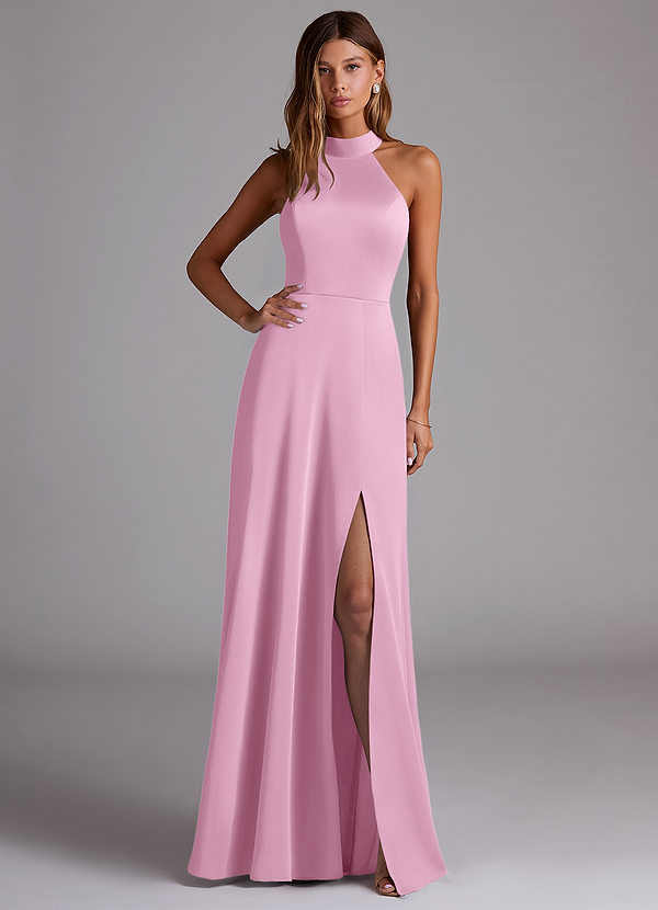 Azazie Myra Brautjungfernkleider A-Linie Hoher Kragen Stretch-Satin Kleid Bonbonrosa image1
