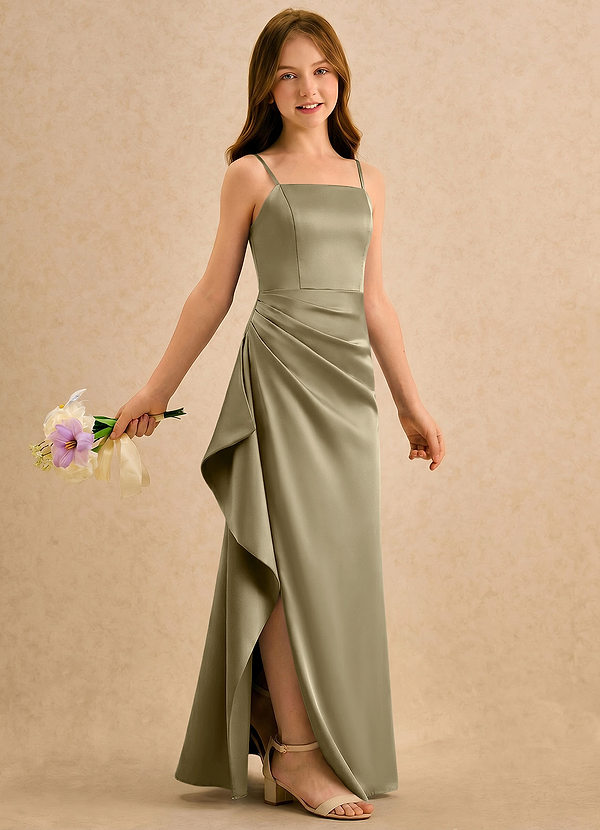 Azazie Cannoli Girls Formal Vestidos de Niña de Flores Vestido de Musgo Verde de Satén Elástico de Corte en A con Plisado image1