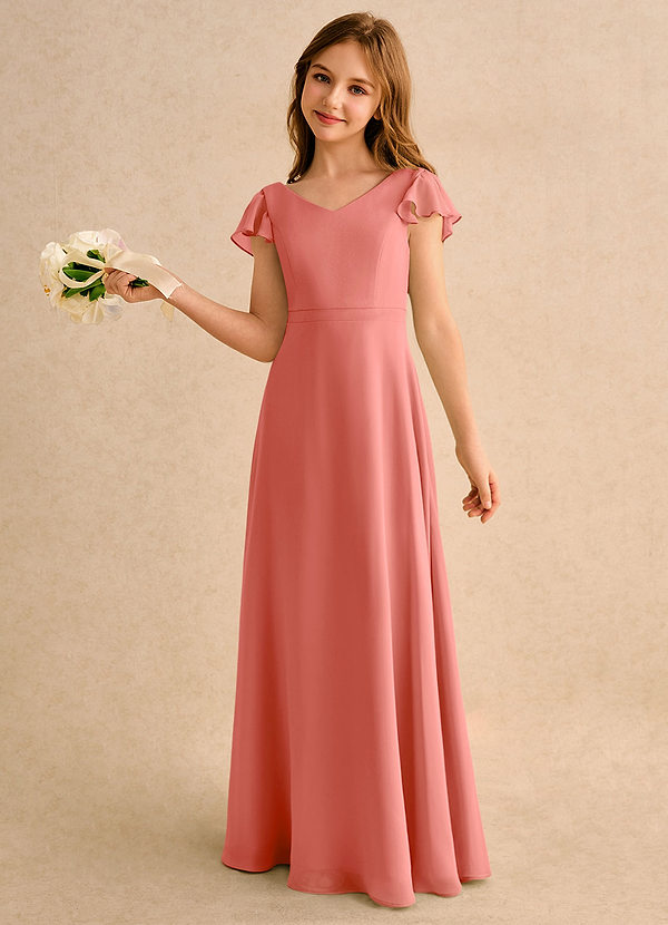 Azazie Nari Girls Formal Flower Girl Dresses Salmon Pink A-Line with Sleeves Chiffon Dress image1