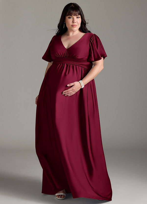 Azazie Verna Maternity Bridesmaid Dresses A-Line Ruched Stretch Satin Floor-Length Dress image1