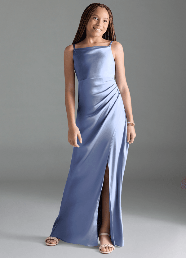 Azazie Leonis Junior Ice A-Line Pleated Stretch Satin Dress image1