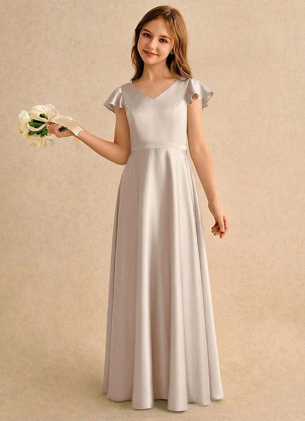 Azazie Nari Girls Formal Sukienki dla dziewczynek sypiących kwiaty Linia A z rękawami Satyna elastyczna Długość podłogi Sukienka image1