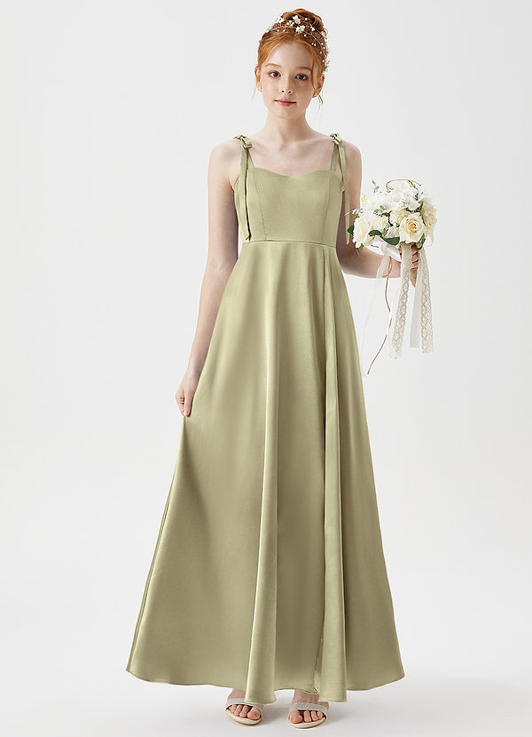Azazie Rosey Junior Moss Green A-Line Sweetheart Neckline Metallic Satin Dress image1