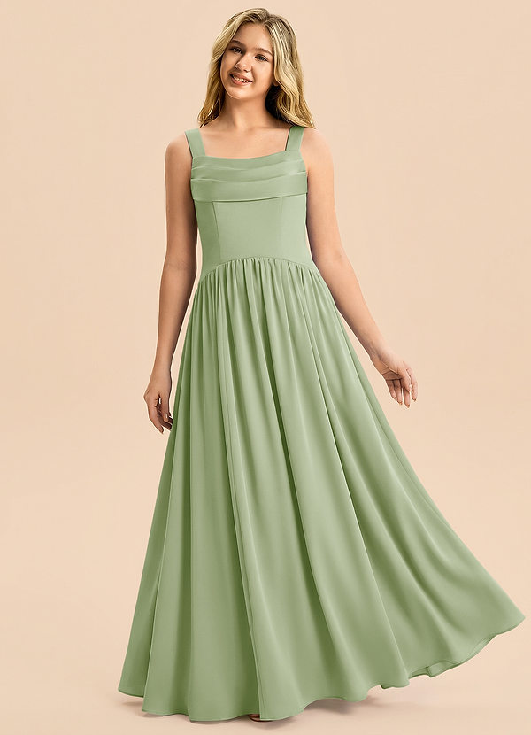 Azazie Drew Junior Robe Trapèze en Satin extensible Plissée Vert Sauge image1