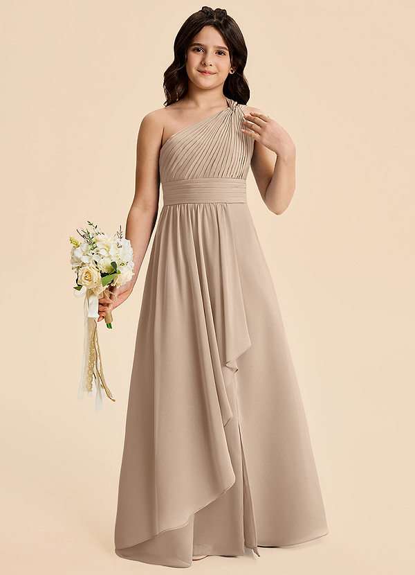 Azazie Skye Junior A-Linie Plissee Chiffon Kleid Taupe image1