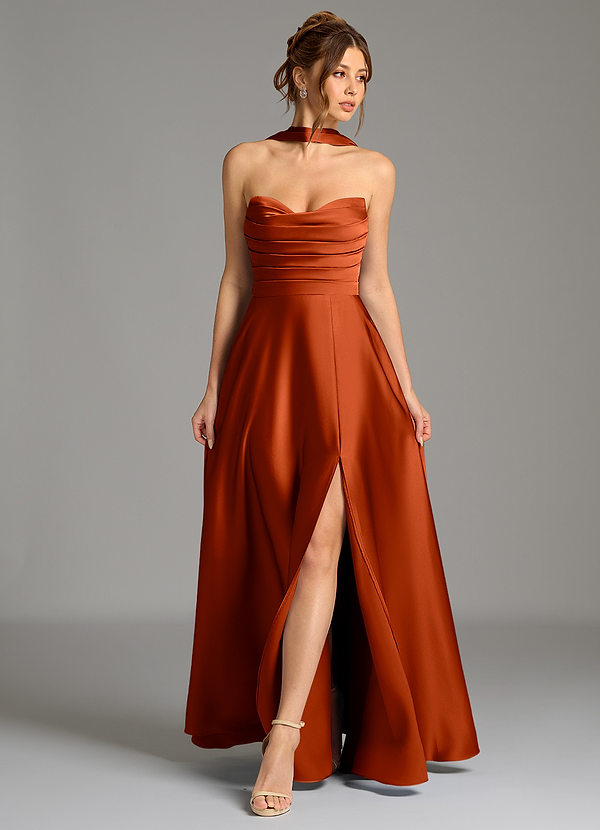 Azazie Ayla Bridesmaid Dresses Paprika A-Line Corset Stretch Satin Dress image1
