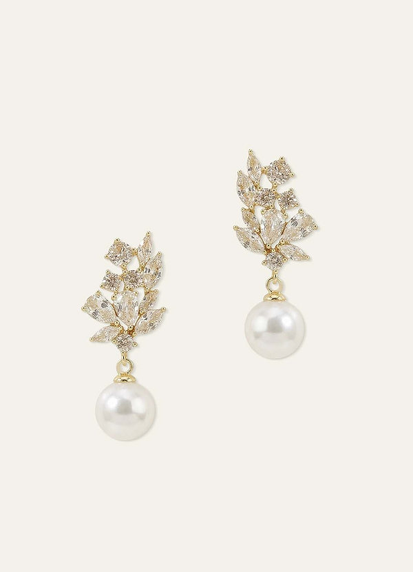 front Crystal Foliage and Pearl Dangle Earrings