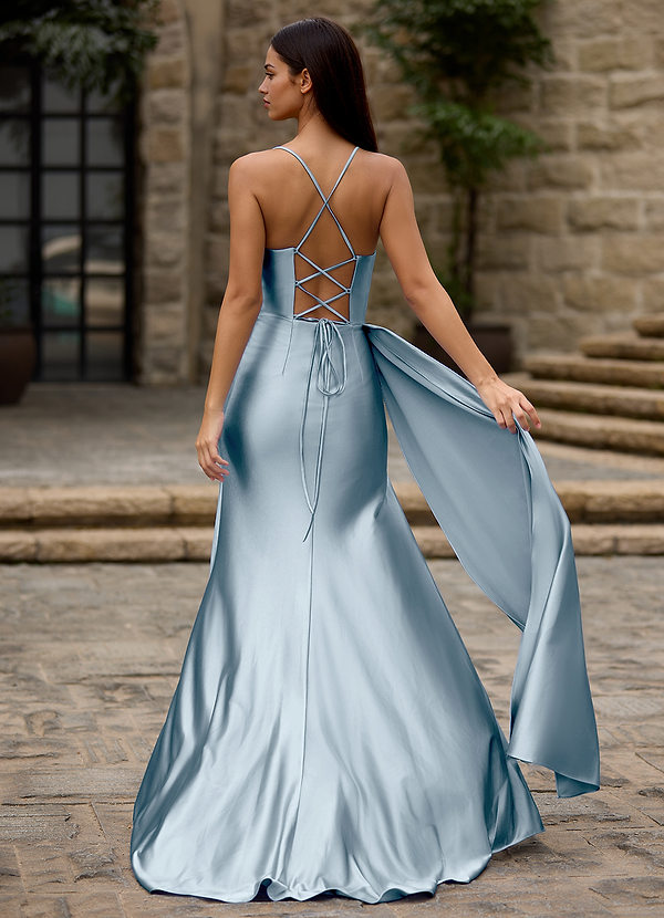 Drape Light Blue Shiny Satin Fitted Cowl Neck Sweep Train Slit Prom Dress with Side Drape image1