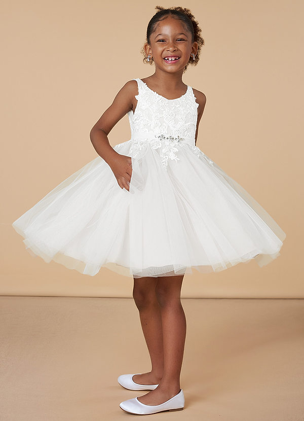 Azazie Minka Flower Girl Dresses Diamond White A-Line Lace Tulle Dress image1
