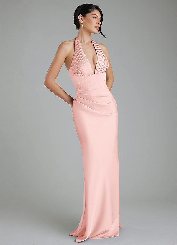 Azazie Torrance Robes de demoiselle d'honneur Robe Sirène en Satin extensible Corset Rose Poudré image1