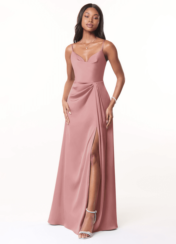 Azazie Brielle Robes Demoiselle d'honneur Robe Trapèze en Satin extensible Bretelles spaghetti Rose Poussiéreuse image1