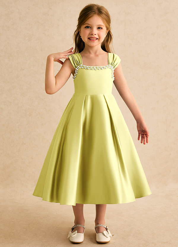 Azazie Yosemite 플라워 걸 드레스 볼가운 스윗하트 네크라인 매트 새틴 티 길이 드레스 image1