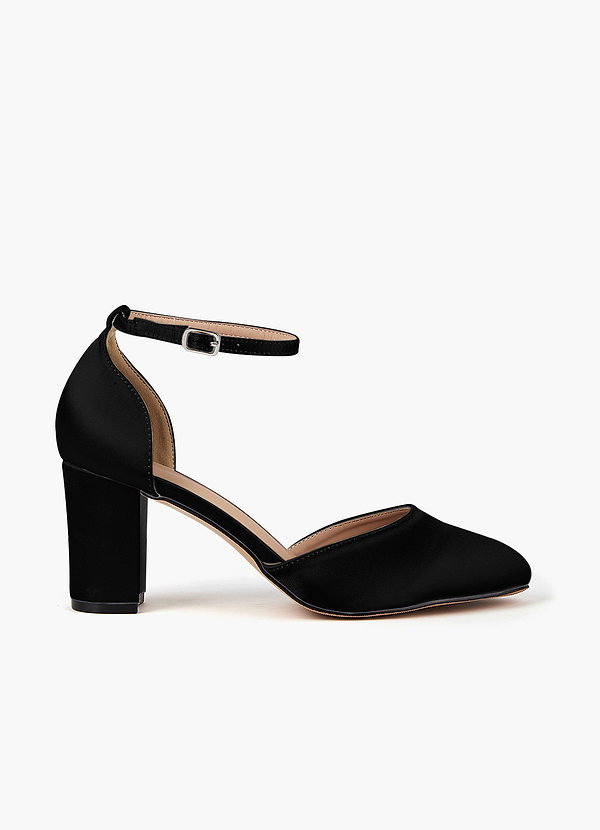 front Satin Ankle Strap Pointed Toe Block Heels