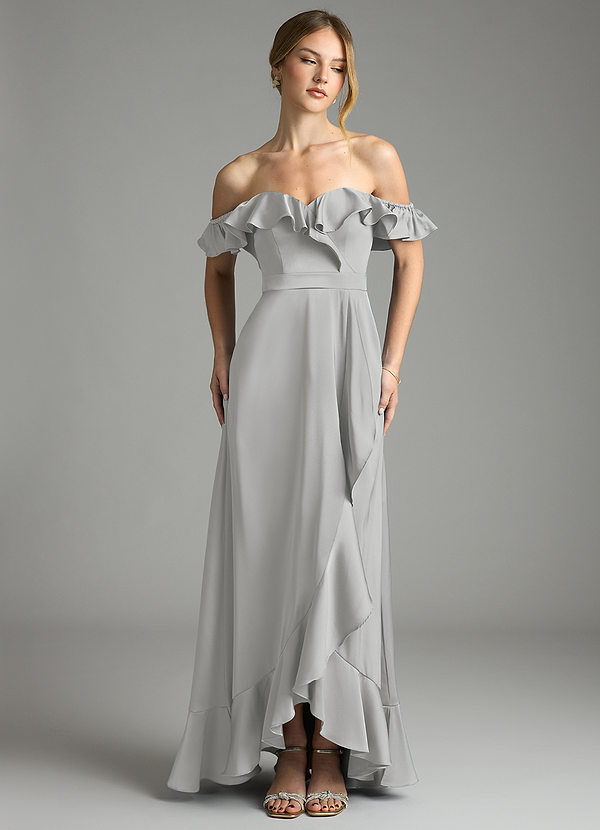 Azazie Lyra Robes de demoiselle d'honneur Robe Trapèze Convertible en Satin extensible Épaule décolletée Argent image1