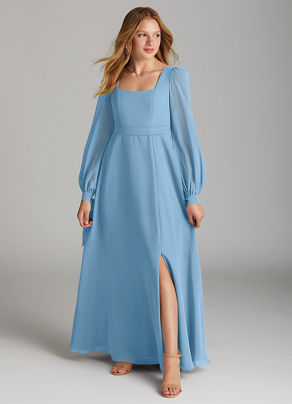 Azazie Leonia Junior Steel Blue A-Line with Pockets Chiffon Dress image1