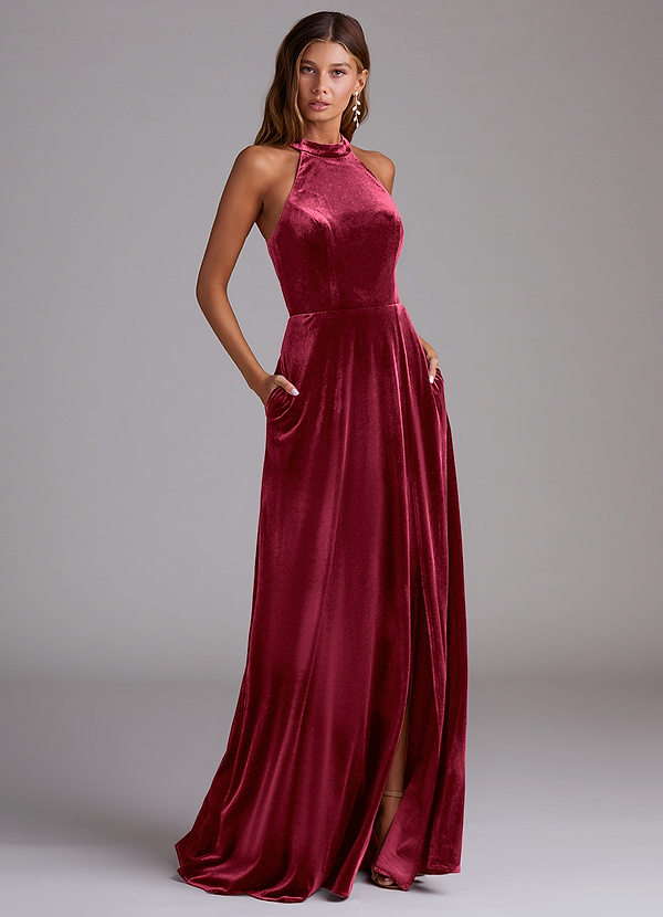 Azazie Larice Bridesmaid Dresses Burgundy A-Line with Pockets Velvet Dress image1