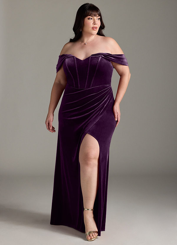 Azazie Jas Bridesmaid Dresses Grape Sheath Off-The-Shoulder Corset Velvet Convertible Dress image1
