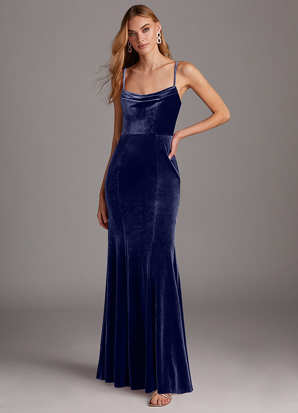 Azazie Solange Vestidos Dama de Honor Vestido de Azul Marino Oscuro de terciopelo de Corte Recto con Plisado image1