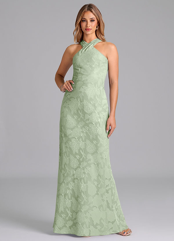 Azazie Doretta Bridesmaid Dresses Dusty Sage Mermaid Pleated Floral Burnout Dress image1
