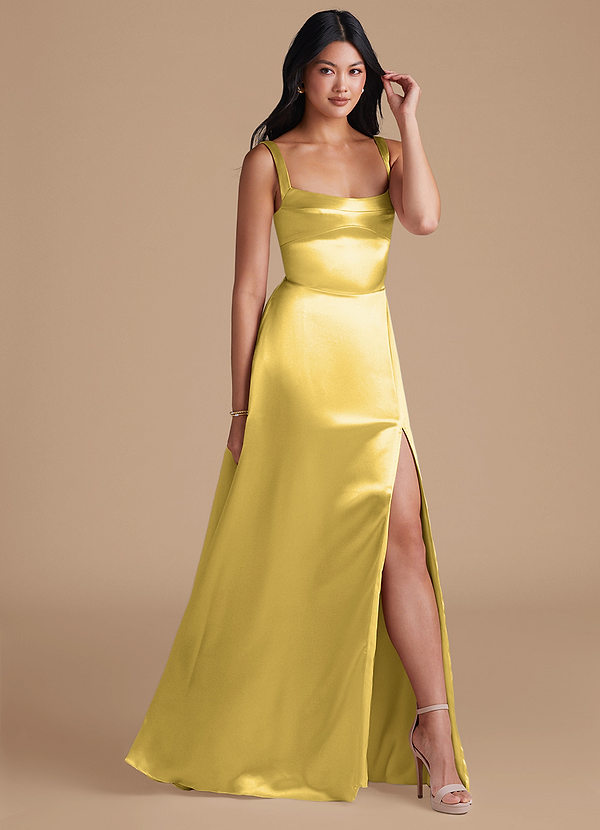 Azazie Hope Bridesmaid Dresses Canary A-Line with Pockets Metallic Satin Dress image1