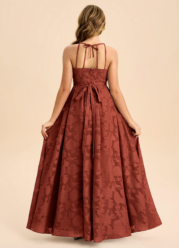 Azazie Arianthe Junior Terracotta A-Line Pleated Floral Burnout Dress image1