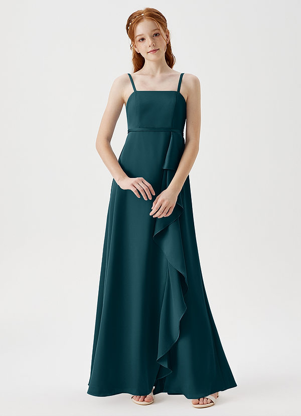 Azazie Kaylee Junior Robe Trapèze en Satin extensible avec ceinture Vert Pin image1