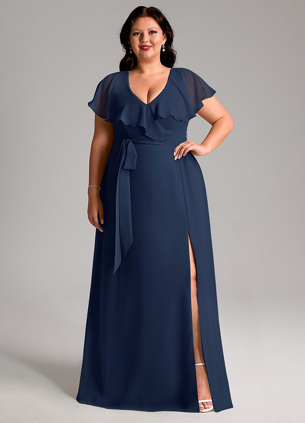 Azazie Lainey Bridesmaid Dresses Dark Navy A-Line with Pockets Chiffon Dress image1