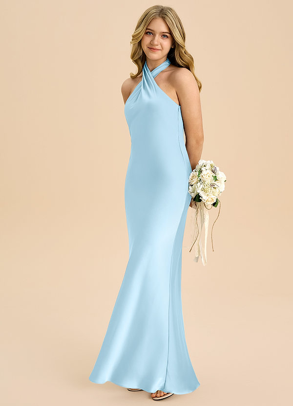 Azazie Chickie Junior Jurk van Stretch Satijn met Kolom Geplooid Hemelsblauw image1