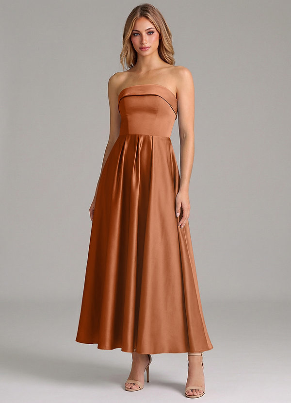 Azazie Lucienne Bridesmaid Dresses Vestido Cobre de Cetim elástico de Linha A com Plissado image1