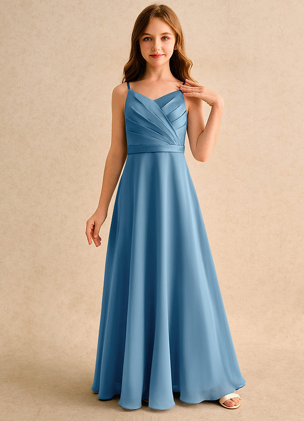 Azazie Umina Girls Formal Bloemenmeisjes Jurken A-Lijn Jurk van Mat Satijn Geplooid Staal Blauw image1