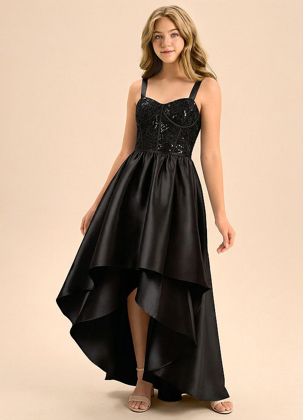 Azazie Evie Junior Formal Vestido de Negro de Satin Mate de Corte en A con Escote de Corazón image1