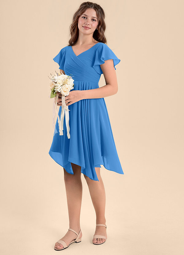 Azazie Janeaurelia Junior Abito A-Line in Chiffon Plissettato Blue Jay image1