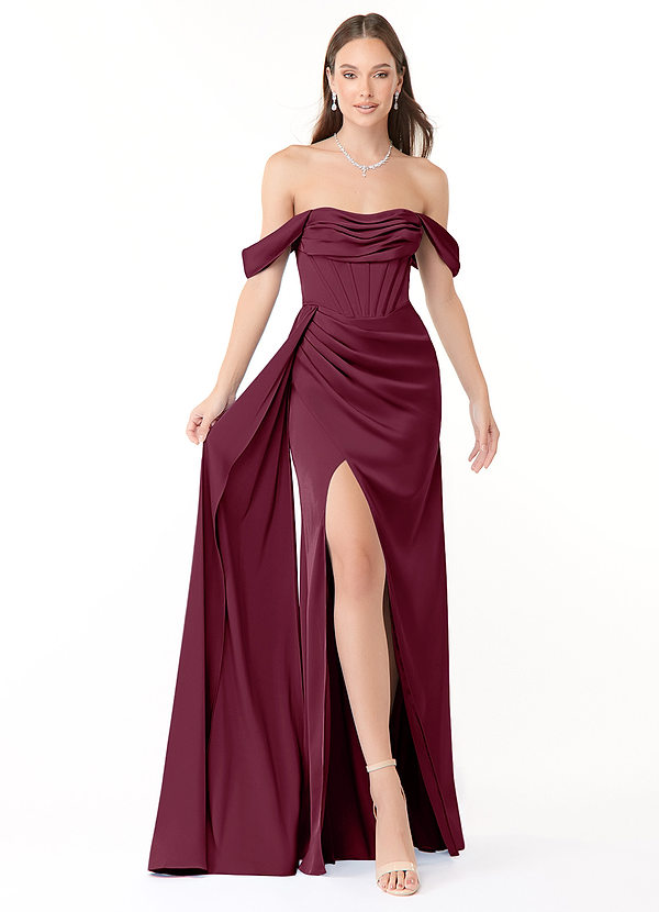 Azazie Amyra Bridesmaid Dresses Mulberry Sheath Off the Shoulder Stretch Satin Convertible Dress image1