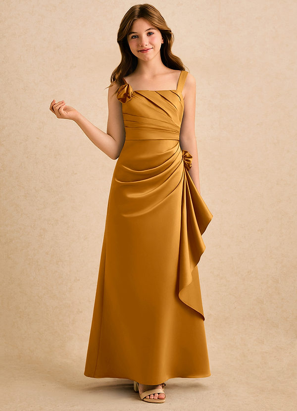 Azazie Ciara Girls Formal Bloemenmeisjes Jurken A-Lijn Jurk van Mat Satijn Geplooid Boterbabbelaar image1