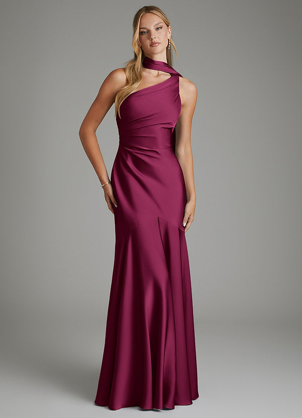 Azazie Amara Bridesmaid Dresses Red Plum Mermaid One Shoulder Stretch Satin Dress image1