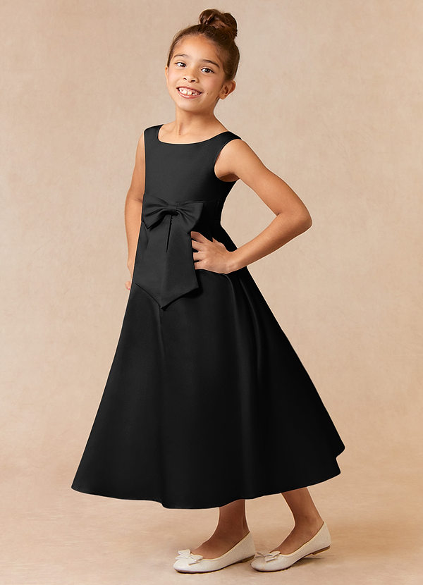 Azazie Lindy Flower Girl Dresses Black A-Line Pleated Matte Satin Dress image1