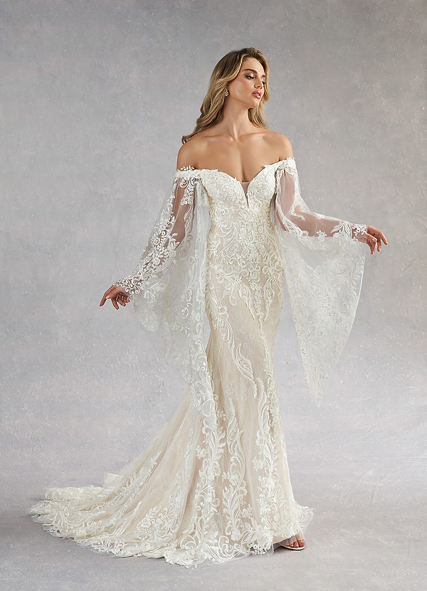 Azazie Memphis Wedding Dresses Diamond White Champagne Mermaid V-Neck Sequins Lace Dress image1