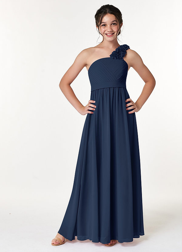 Azazie Flower Junior Dark Navy A-Line Pleated Chiffon Dress image1
