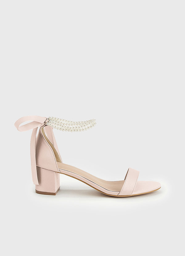 front Matching Color Matte Satin Pearl and Bow Open Toe Chunky Heel Sandals