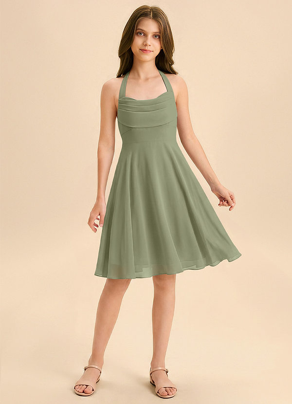 Azazie Kady Junior Vestido de Pistacho de Gasa de Corte en A con Escote de Corazón image1