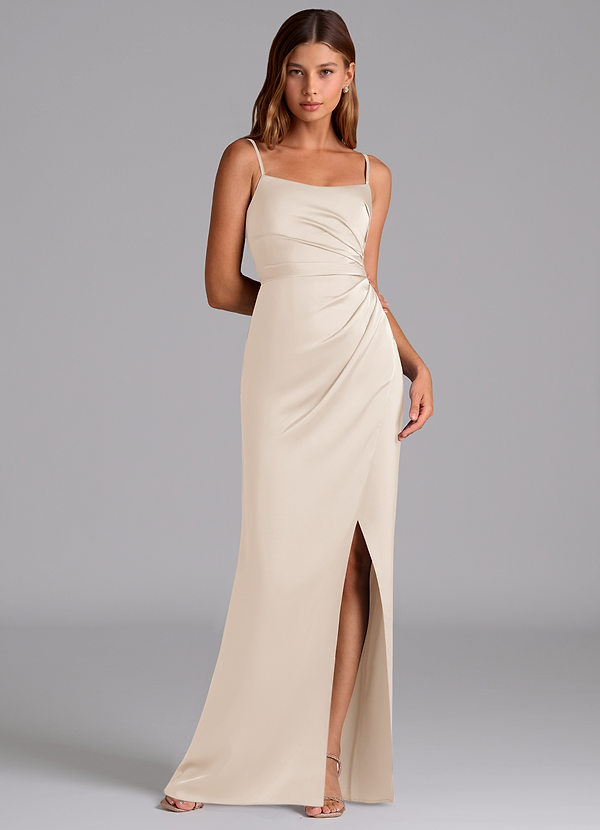 Azazie Calandra Bruidsmeisjes Jurken Jurk van Stretch Satijn met A-Lijn Geplooid Wit Albast image1