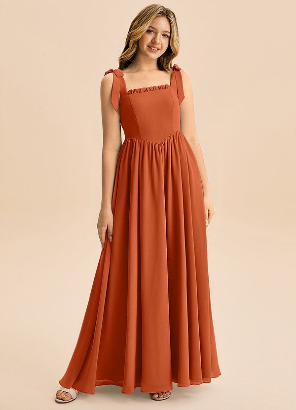 Azazie Delia Junior Abito A-Line in Chiffon Fiocco Arancia Bruciata image1